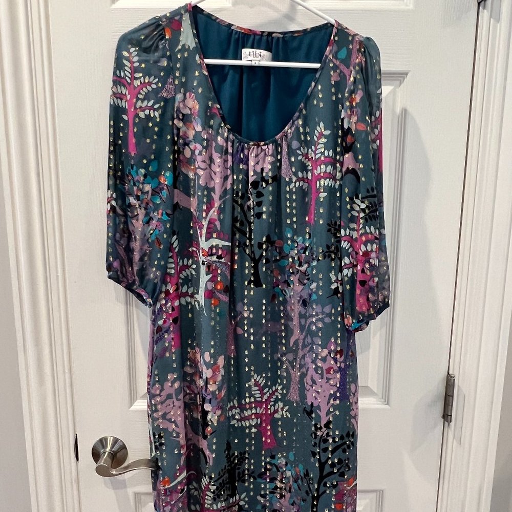 Tibi knee length dress with gold embellishments